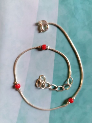 Silver 925 anklet with chain and red beads new