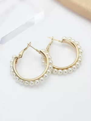 Gold-Toned Hoop Earrings with White Faux Pearls New