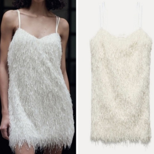 Mini dress with fringes Zara like new, white, size M