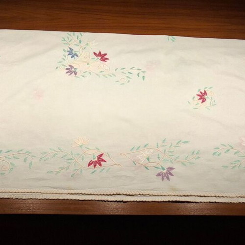 Vintage tablecloth with multicolored embroidered flowers, 133x128 cm