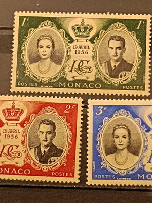 Γραμματόσημα Μονακό 1956 καινούργια, γάμος Πρίγκιπα Ρενιέ Γ' και Γκρέις Κέλι, 3 αξίες