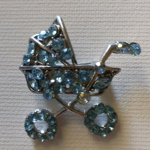 Brooch in baby carriage shape with blue beads new
