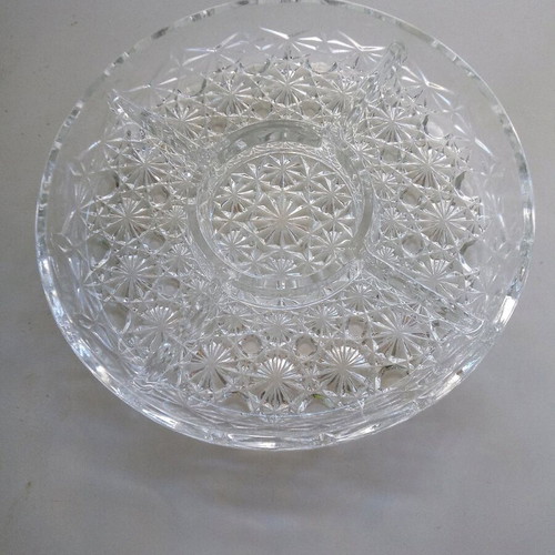 Crystal round serving platter with five sections and intricate embossed design, new