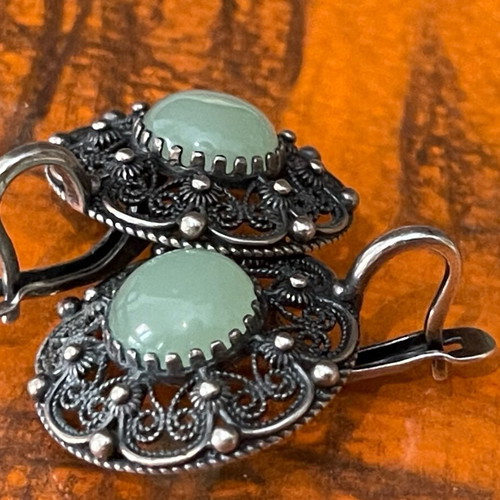 Silver earrings handmade filigree 925 with nephrite stone