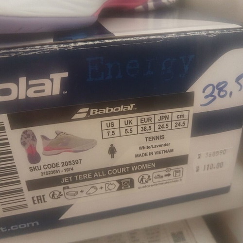 Babolat tennis shoes new, size 38.5, white and pink