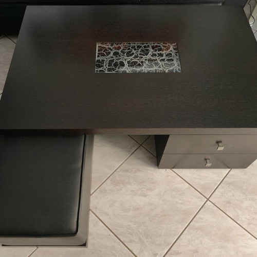 Solid oak handmade coffee table used, wenge finish, with stools and drawers