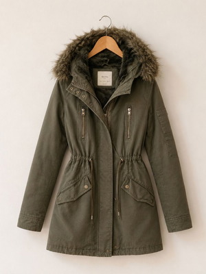 Bershka parka small, like new, green with removable fur hood