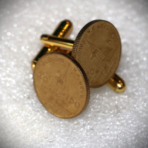 Cufflinks with old 25 Satang coins, new, gold plated