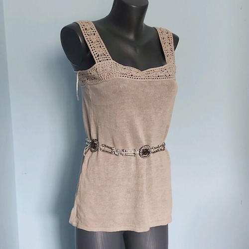 Calvin Klein tunic used with hand-knitted lace and wooden beads