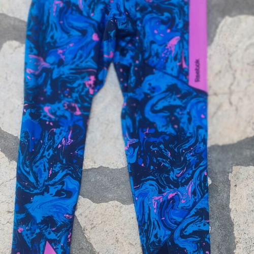 Reebok Play Dry sports leggings size S like new, blue and pink abstract