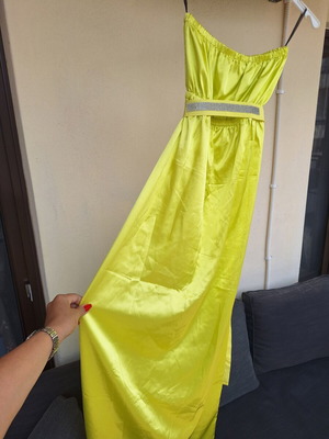 C-Throu satin strapless dress yellow lime like new, sizes S-M