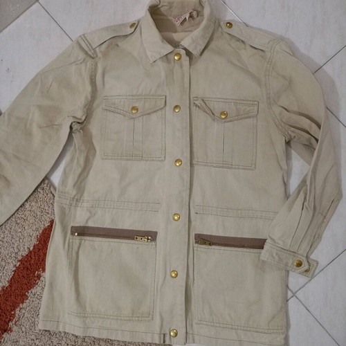 Work jacket used, creme denim-type jacket with gold buttons, size L