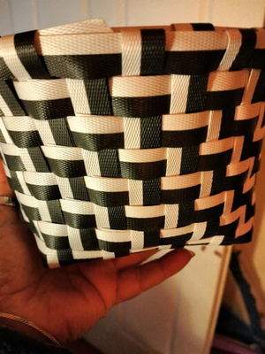Woven round plastic basket new, white and black
