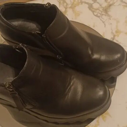 Black leather wedge platform boots