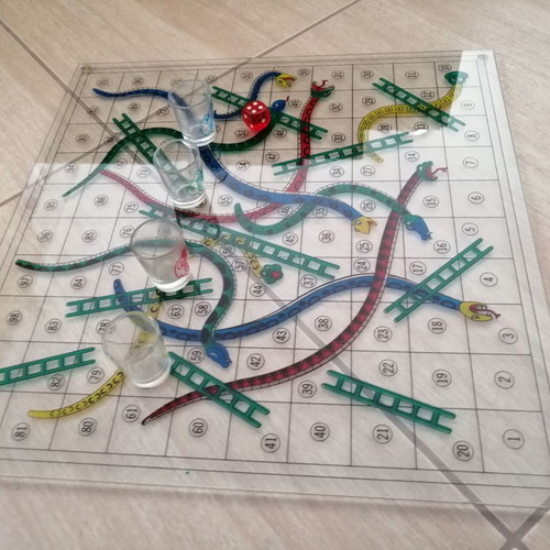 Glass Snakes & Ladders board game used with shot glasses