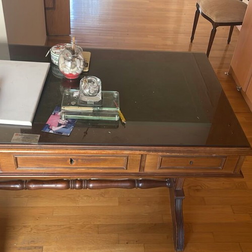 Antique wooden office desk with glass and 3 drawers, solid walnut
