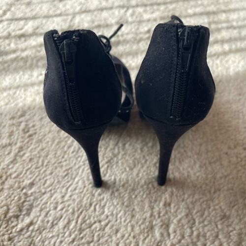 New Look black faux suede pumps with straps and studs, used, size 39