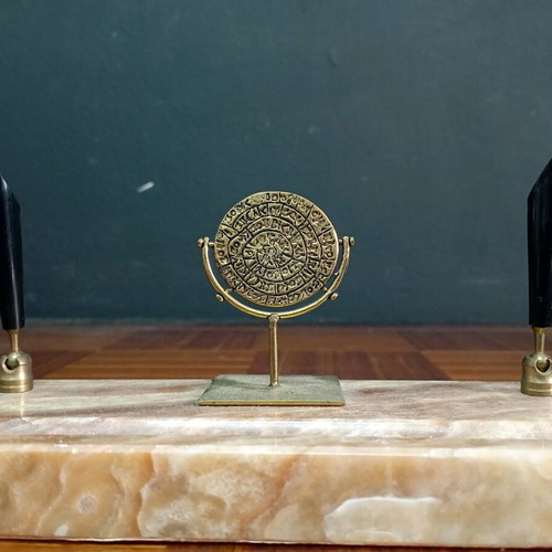 Vintage desk organizer set like new with marble base and Phaistos disc