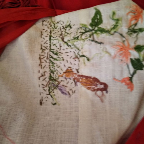 Bed cover used in red with multicolor embroidery and pillowcases