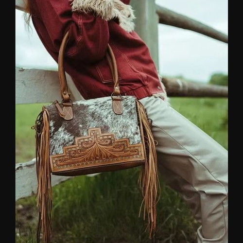 Vintage δερμάτινη τσάντα tote με κρόσια και μονό λουράκι crossbody