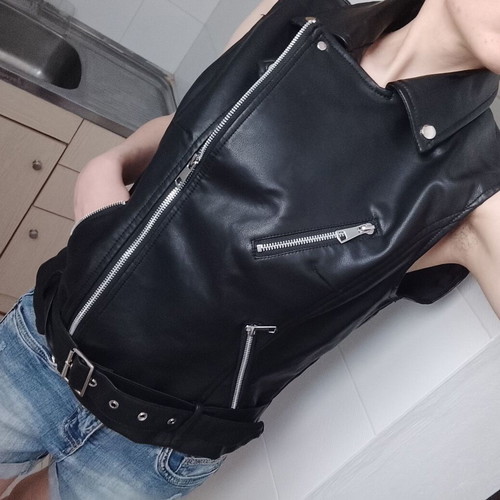 Leather biker vest new, fits Small-Medium, black and silver
