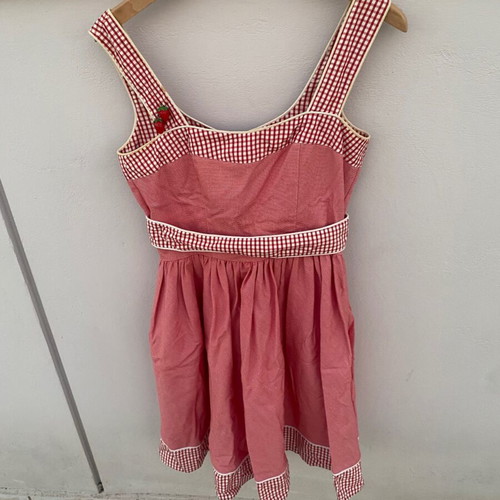 Dress small red used with checkered pattern and strawberries