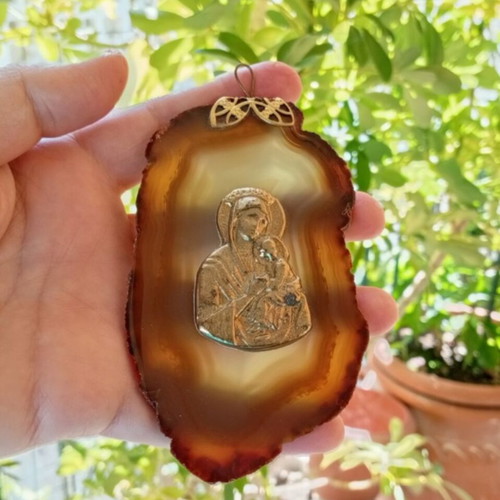 Virgin Mary and Infant Jesus pendant on agate stone