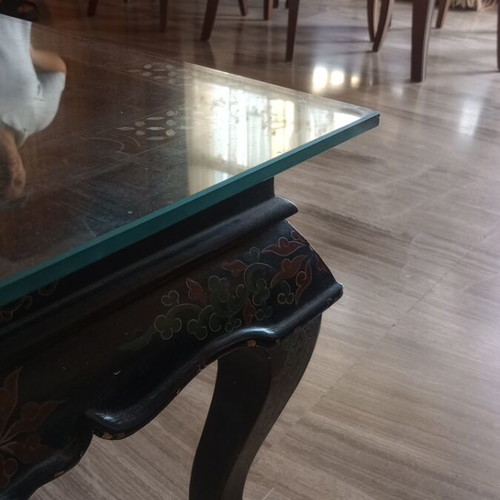 Carved table with folding legs used, traditional Chinese design