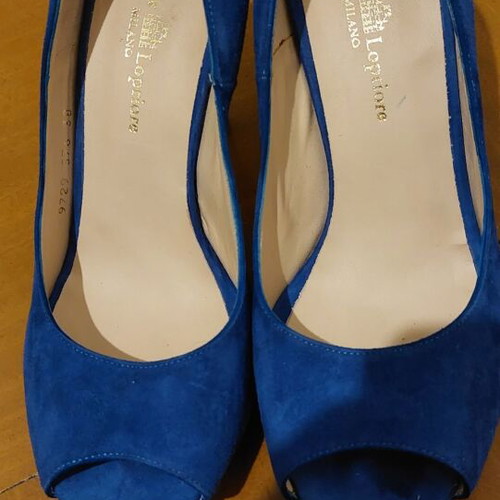 Michele Lopriore peep toe blue suede shoe, new, 10cm heel