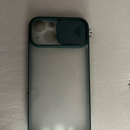 iPhone 13 / 14 phone case used, transparent with green border