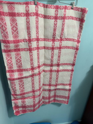 Vintage pink checkered tablecloth like new, white base with traditional motifs