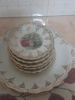 Porcelain platter and 6 plates used German porcelain