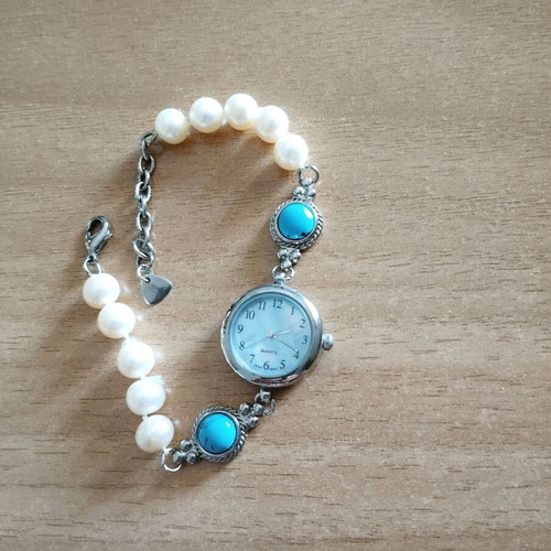 Quartz watch jewelry with freshwater pearls and semi-precious stones like new