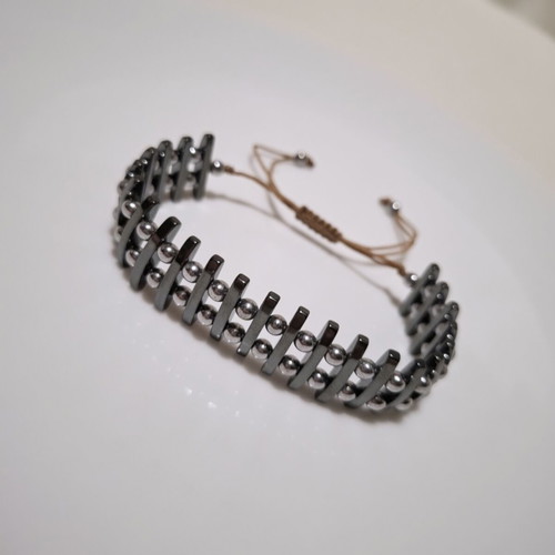Handmade wide hematite bracelet with adjustable cord