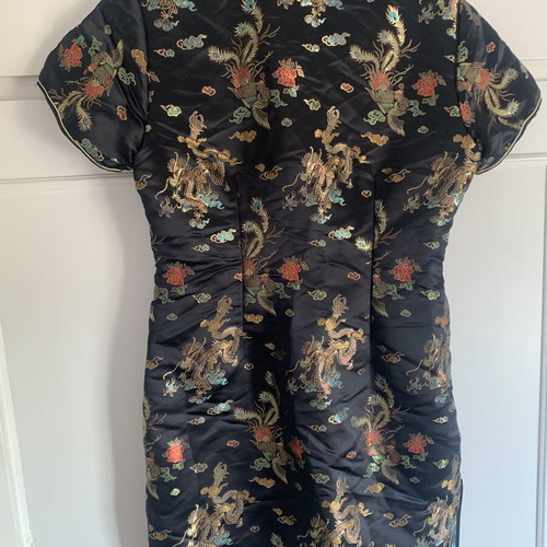 Cheongsam dress satin with embroidered dragon and phoenix, like new
