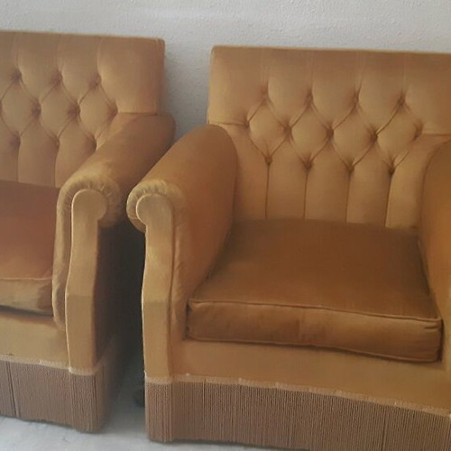 Velvet 3-Seater Sofa Ochre with 2 Armchairs like new