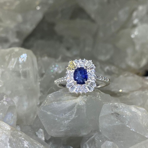 Handmade silver ring with natural blue sapphire and moissanites size 9