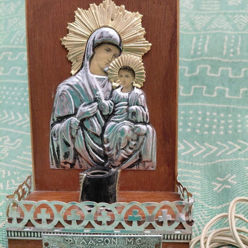 Electric icon stand 1980s with Virgin Mary Theotokos