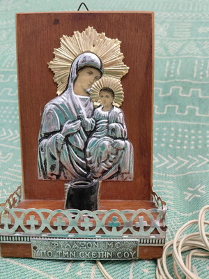 Electric icon stand 1980s with Virgin Mary Theotokos