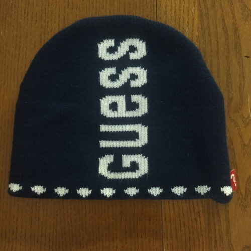 Guess knit beanie size L like new, navy blue with white logo