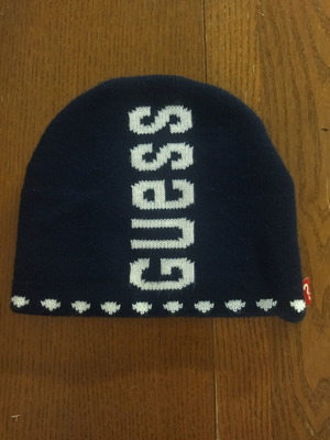 Guess knit beanie size L like new, navy blue with white logo