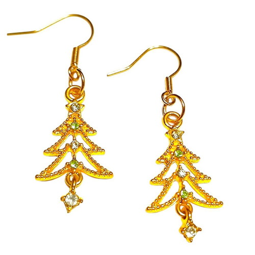 Handmade stainless steel Christmas tree earrings new with emerald and zircon