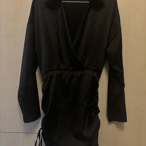 Midi satin dress new, adjustable gathers, black, size M