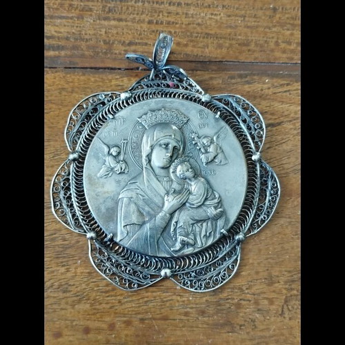 Old Silver Filigree Nativity Amulet with Virgin Mary and Jesus Christ, like new