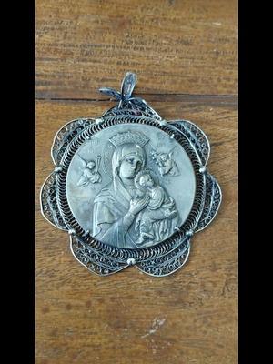 Old Silver Filigree Nativity Amulet with Virgin Mary and Jesus Christ, like new