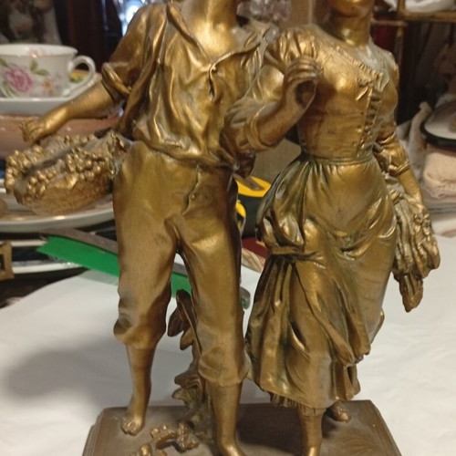 French Art Nouveau Belle Époque spelter sculpture of young rural couple