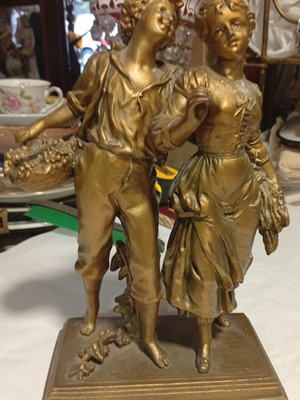 French Art Nouveau Belle Époque spelter sculpture of young rural couple