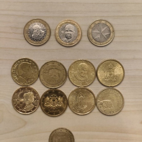 Collection of 1, 0.50, 0.20 Euro coins from Monaco, Vaticano, San Marino
