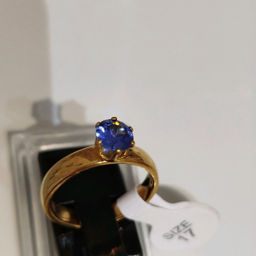Stainless steel solitaire ring with blue stone, size 17