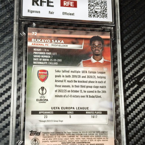 2022-23 Topps Stadium Club Chrome Bukayo Saka #72 Arsenal FC card RFE 9 Mint